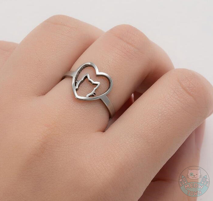 Lovely adjustable cat silhouette in heart ring with cat and heart silhouette design Silver colour stainless steel adjustable one size fits all laser cut