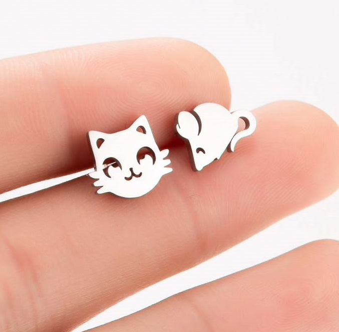 Cat and mouse earrings laser cut silver gift for cat lovers