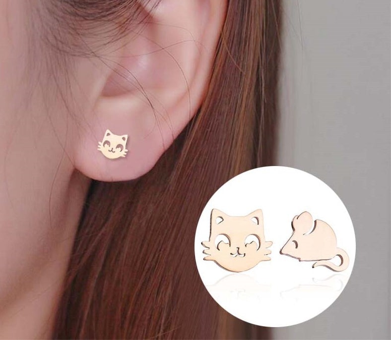 Cat and mouse earrings laser cut silver gift for cat lovers gold