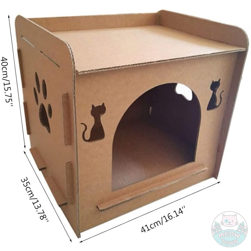 Cats LOVE cardboards!  So we decided to bring you this strong, double wall corrugated cardboard house  No glue, no tape is involved, easy to assemble  Cute cat and paw shaped cut-outs