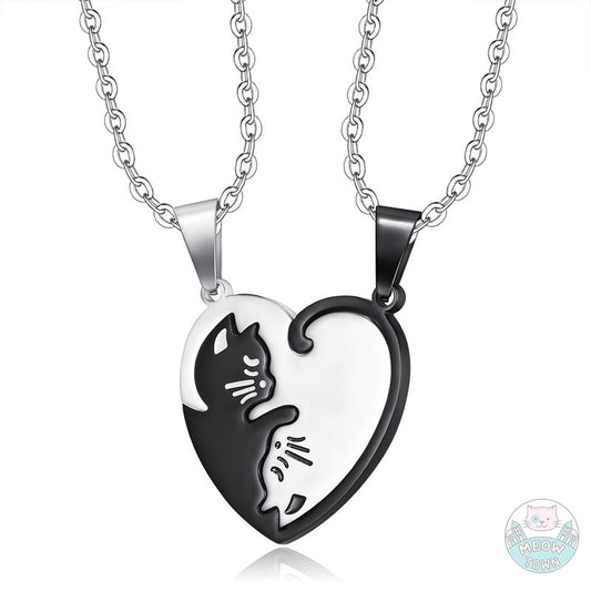 Love necklace yin yang cats for couples friends heart shape black and silver colour