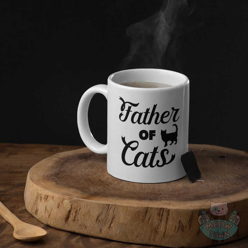 Cute Meow Town Special printed mug with 'Father of Cats' slogan, exclusively for the best Cat Fathers. Ceramic mug present for cat owners cat dads