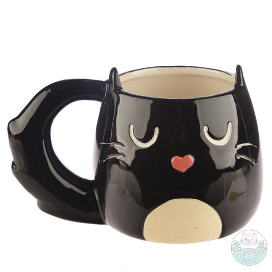 fluffy cat shaped porcelain mug  Black and white colour, fluffy tail and cute cat face with heart shaped nose cat gift