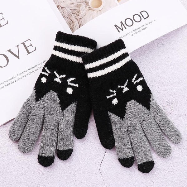Warm, knitted, stretchy gloves with a cute kitty pattern cotton adults cat lover gift accessories