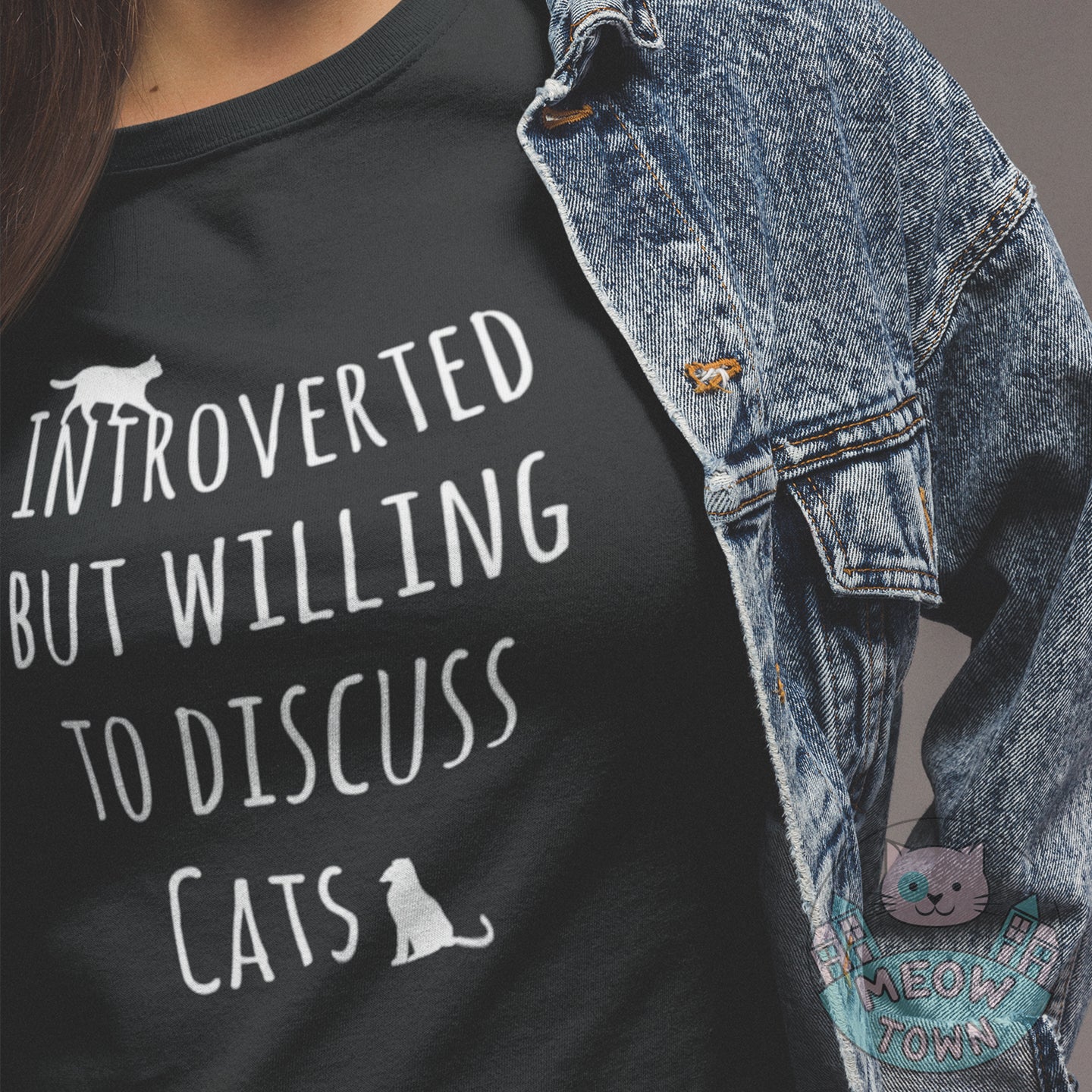 Classic unisex cotton T-shirt with funny 'Intorverted but willing to discuss cats' slogan.  Meow Town Special design, you won't find it on the high street! Printed exclusively for You in the UK by us. Classic unisex tee true to size. Perfect gift for cat lovers.