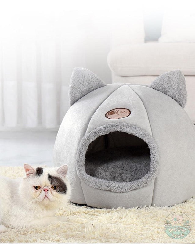 Cat igloo cosy cat bed house warm winter summer adult cats kittens indoor grey with cute ears