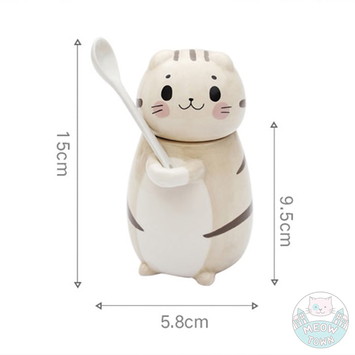 Super cute ceramic cat jug with spoon  Cute cream / cookie colour kitty painting  Perfect jug for coffee, tea, or use it as a container for sugar, salt.
