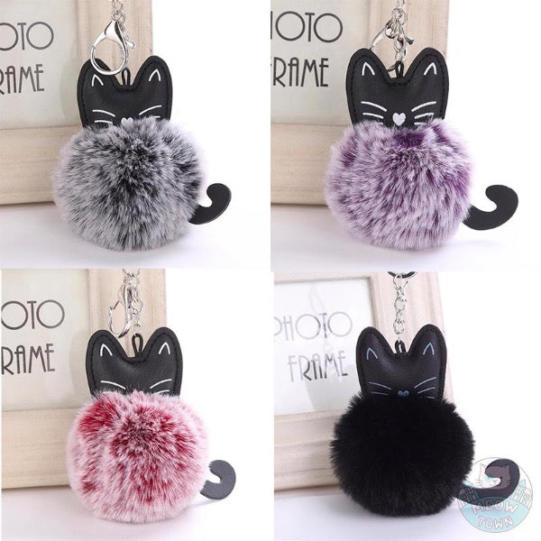 Faux fur ball keychain faux leather cat face print and cute tail for cat lovers various colours