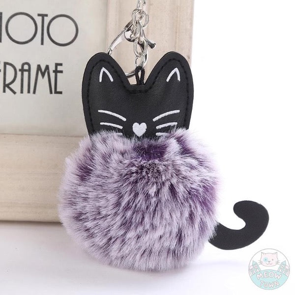 Faux fur ball keychain faux leather cat face print and cute tail for cat lovers purple