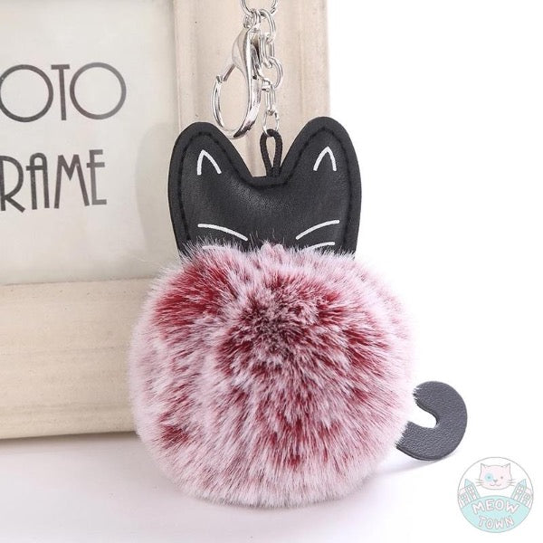Faux fur ball keychain faux leather cat face print and cute tail for cat lovers wine red
