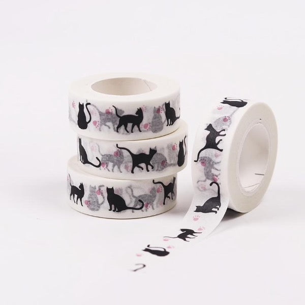 Cute cat paper tape with black cats and paws print paper tape mini roll 
