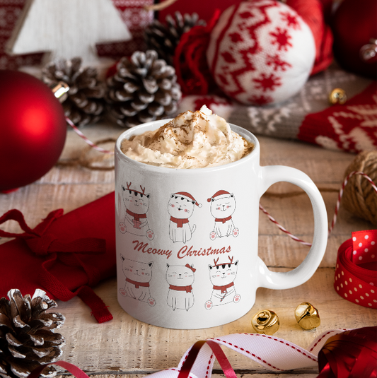 Beautiful ceramic mug with our exclusive 'Meow Town Special' print. Sip your favourite hot drink from this cute coffee mug printed with festive style kitties all over.  Double sided print.