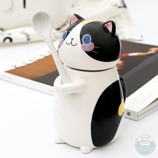 Cute ceramic jug hand painted tuxedo design with spoon. home gift for cat lovers