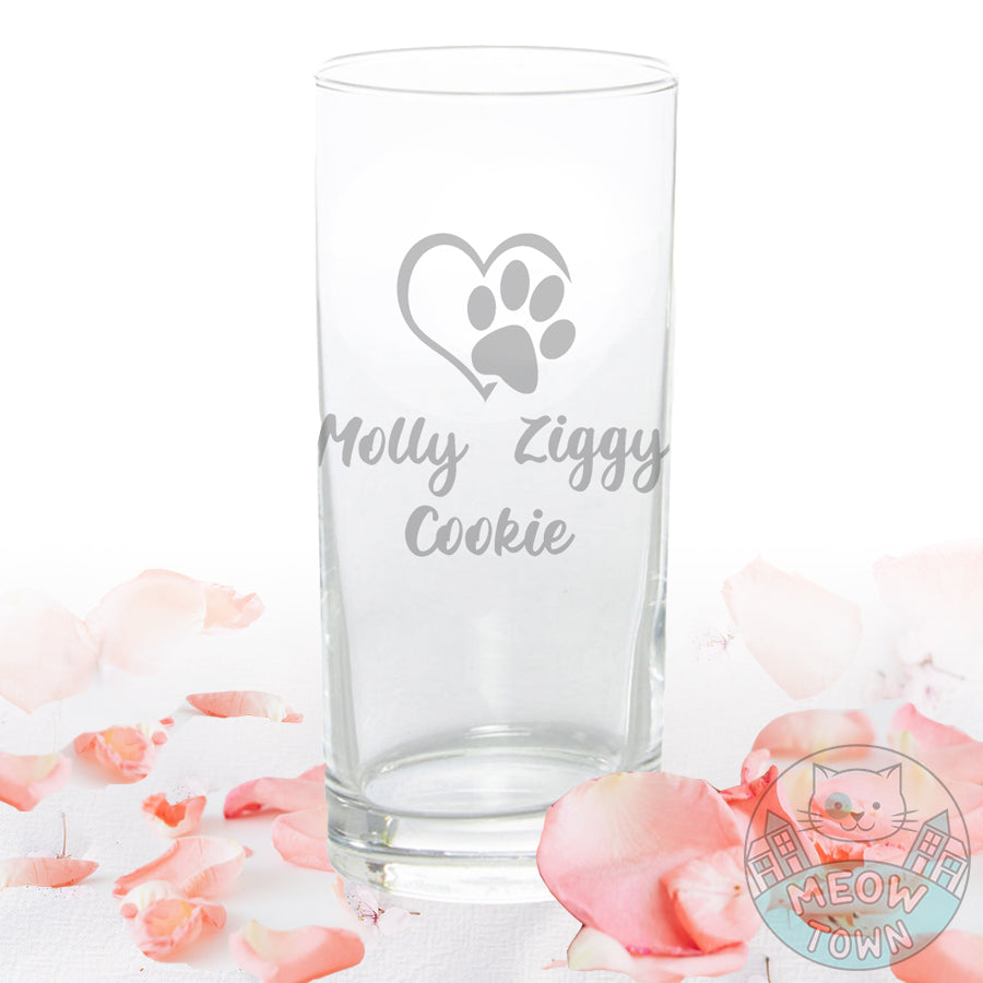 A lovely personalised hand etched hiball tumbler glass, with cute paw and heart design and your cat's name underneath.