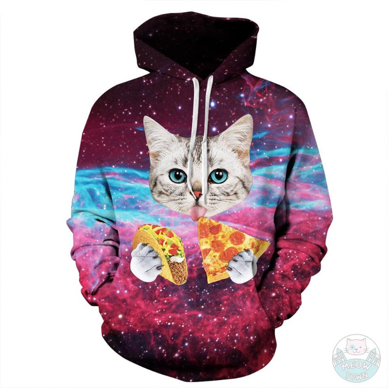 funny cat print unisex mens womens digital printed hoodie with a cat eating pizza and taco universe background all over print