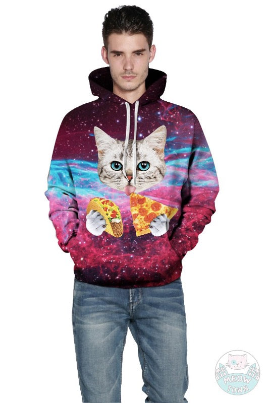 funny cat print unisex mens womens digital printed hoodie with a cat eating pizza and taco universe background all over print