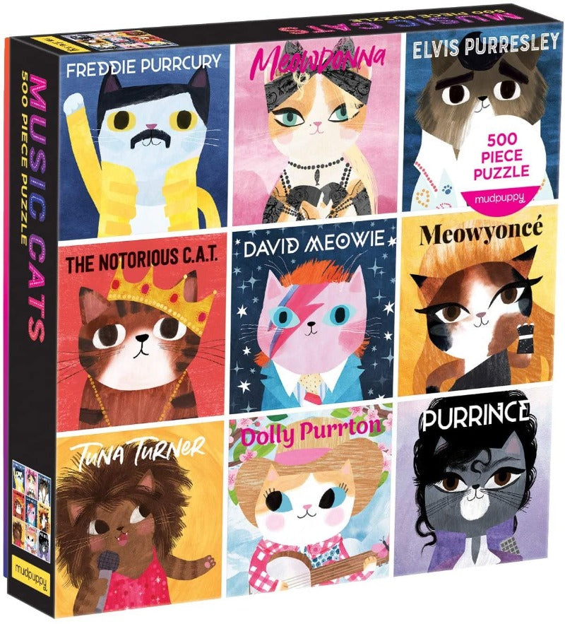 Piece together this 500-piece puzzle to reveal feline portraits inspired by the world's greatest musical meowsters. A pawsome family activity for the whole family.  For ages eight and over. It can be a great gift idea for your cat lover friends and family.