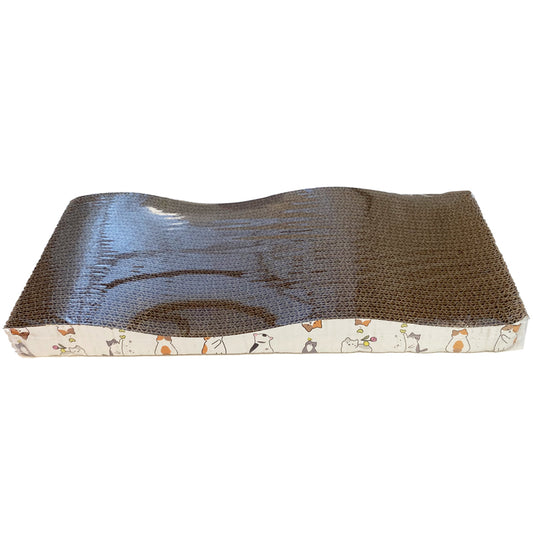 A must have, stylish scratch pad to satisfy your kitty's scratching needs. Wavy design and cute cat prints on the side. Dimensions: 42.5cm x 20cm. Material: corrugated cardboard. Catnip is included.