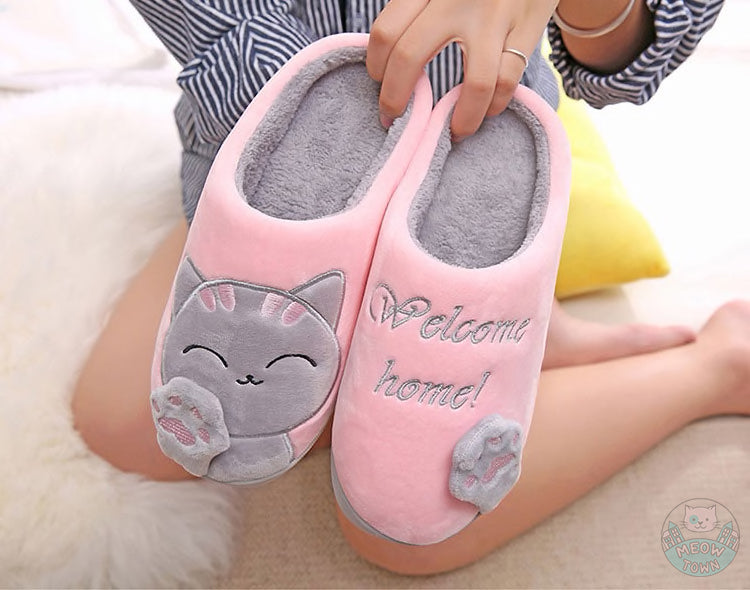 Plush cat slippers for cat lovers home gift cat and paw welcome home slogan 