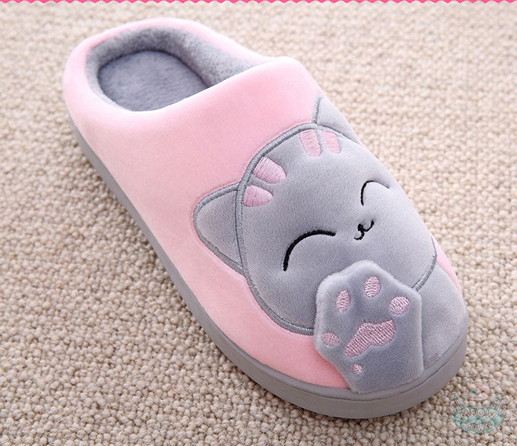 Plush cat slippers for cat lovers home gift cat and paw welcome home slogan  pink grey