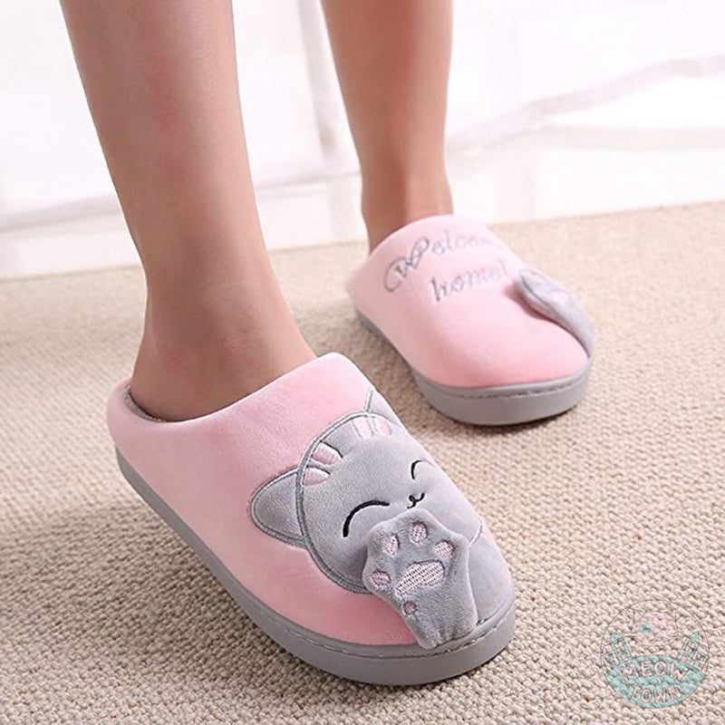 Plush cat slippers for cat lovers home gift cat and paw welcome home slogan 