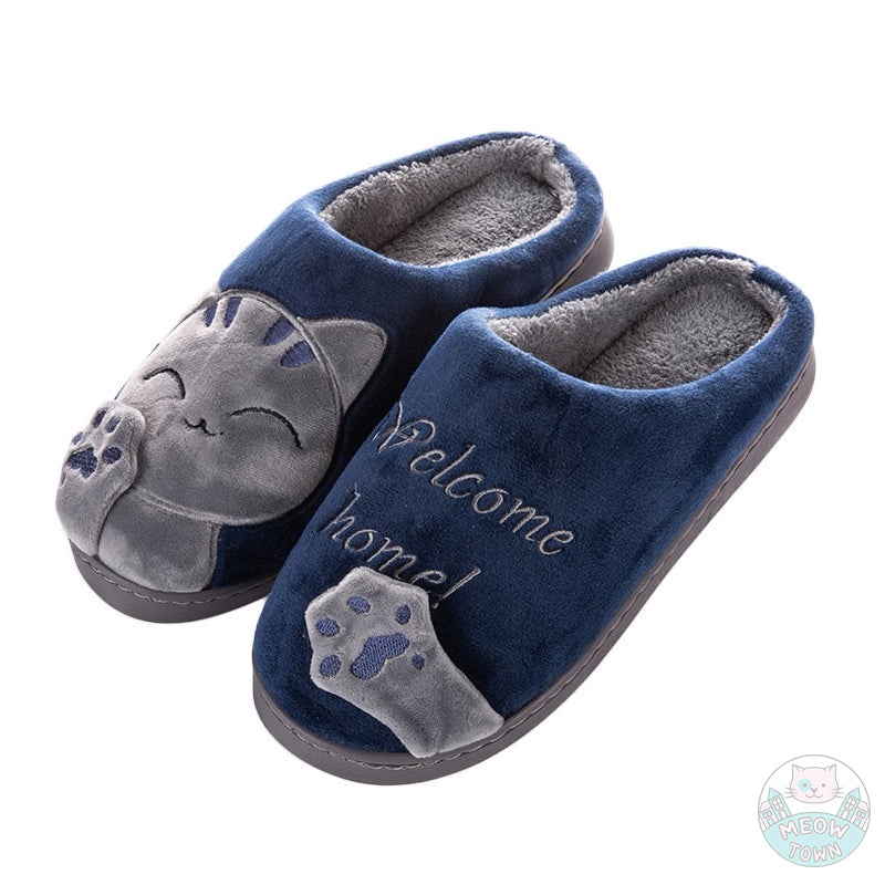 Plush cat slippers for cat lovers home gift cat and paw welcome home slogan  blue grey