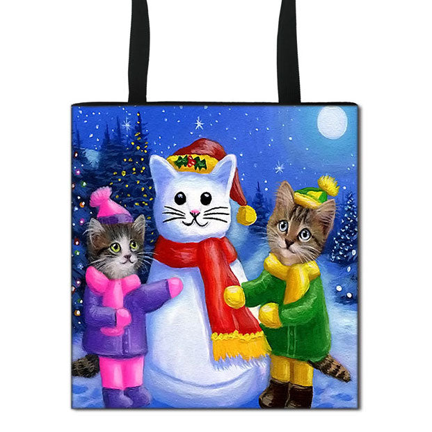 Beautiful festive printed tote bag, with two adorable kittens building a snow-cat :)  Printed