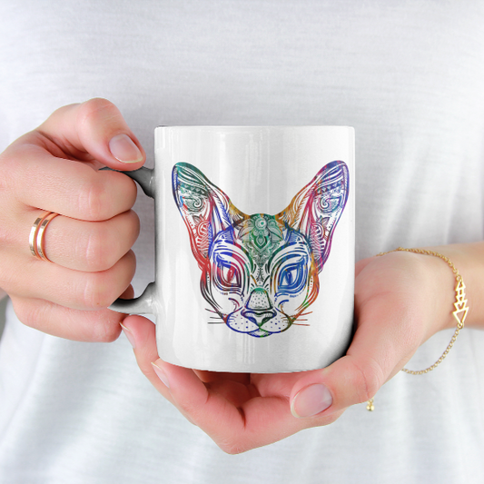 Meow Town Special Made only for You in the UK, production time is currently 3 working days. Ceramic mug with beautiful, multicolour Sphynx design