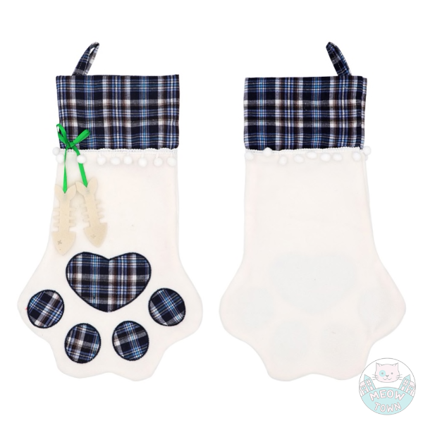 Paw christmas stocking for cats and cat lovers fish bow plaid pattern