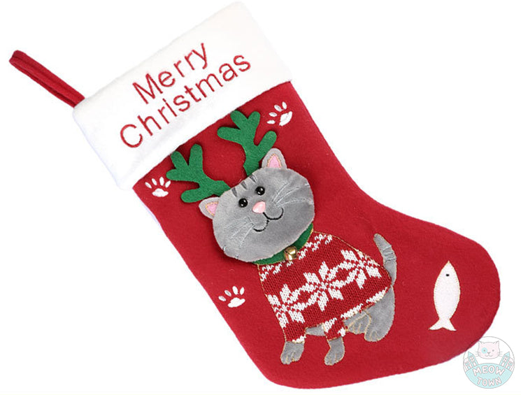 cat reindeer christmas stocking for cats and cat lovers cute christmas gift 3d embroidered plush