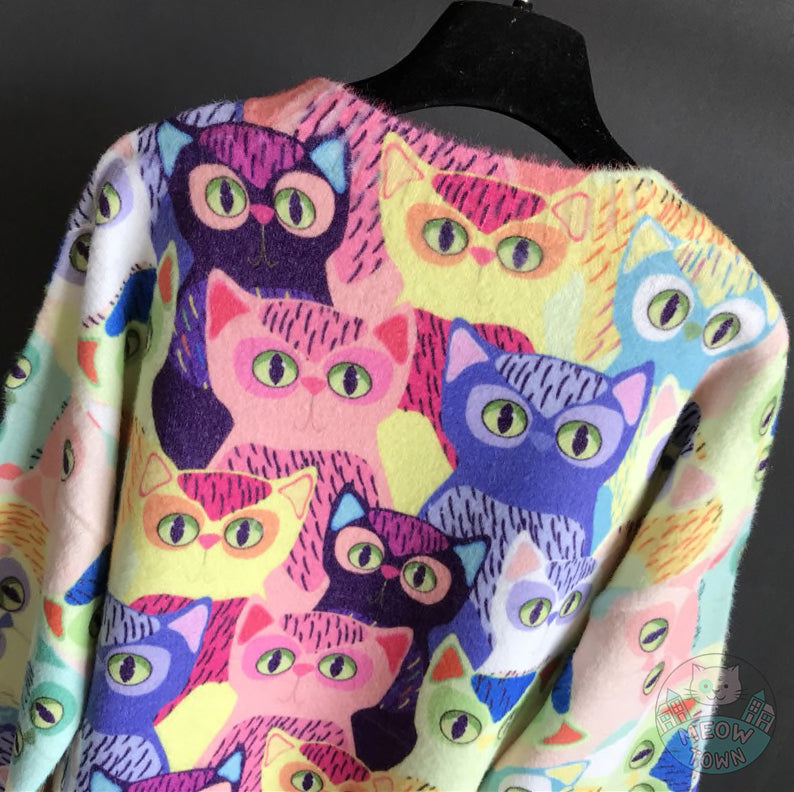 Multicolour oversized cat sweater knitted cardigan vivid colours soft cartoon cats style