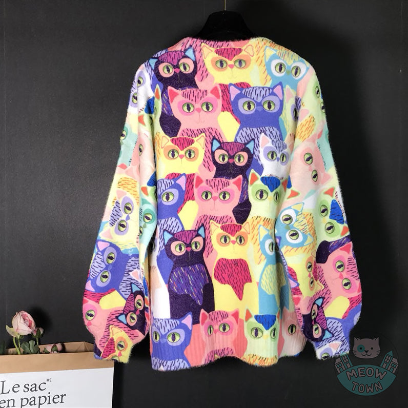 Multicolour oversized cat sweater knitted cardigan vivid colours soft cartoon cats style