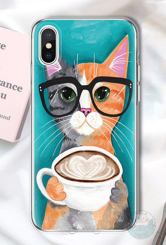iphone case cat with coffee for cat lovers ginger grey cat cappuccino in glasses