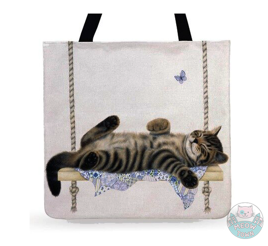 linen natural colour tote bag kitten sleeping laying chilling with butterfly for cat lovers