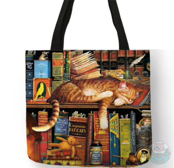 Beautiful, printed tote bag with cute cats sleeping on a bookshelf ginger and black cat (can you find the black cat?:))
