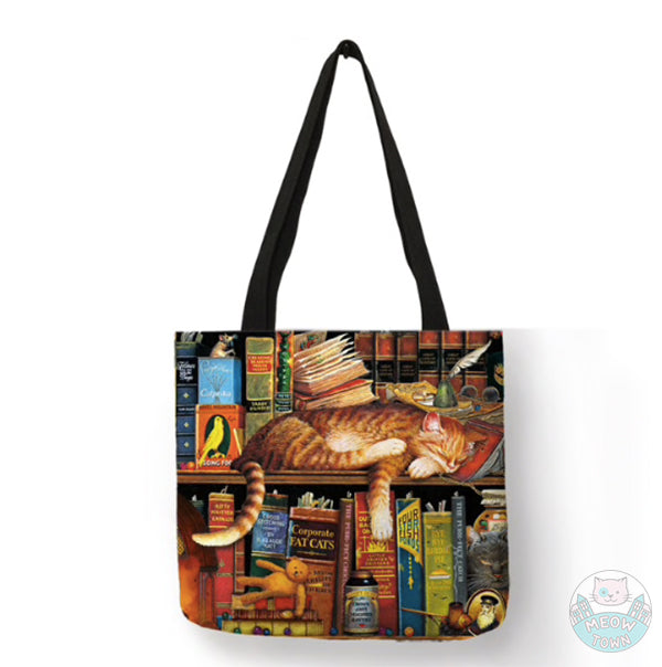  Beautiful, printed tote bag with cute cats sleeping on a bookshelf (can you find the black cat?:)) ginger orange cat books and teddy