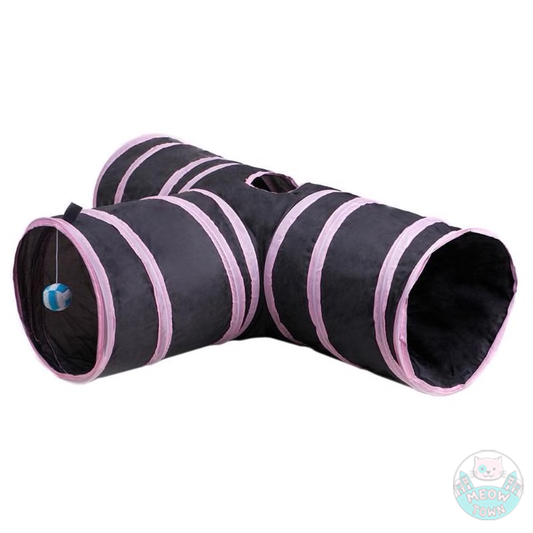 Cat tunnel for indoor adult cats or kittens with play ball collapsible black and pink 3holes three ways 