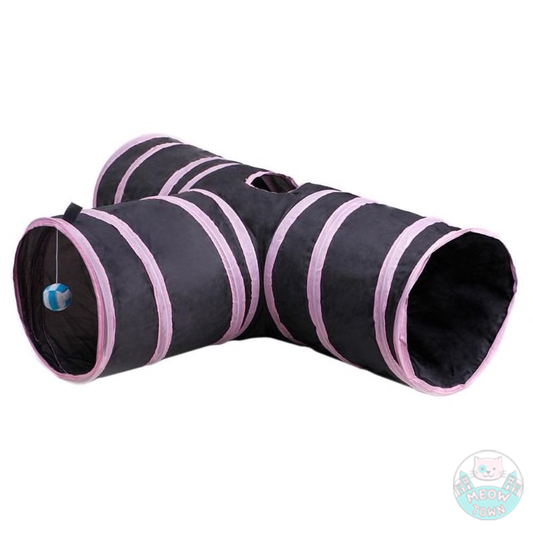 Cat tunnel for indoor adult cats or kittens with play ball collapsible black and pink 3holes three ways