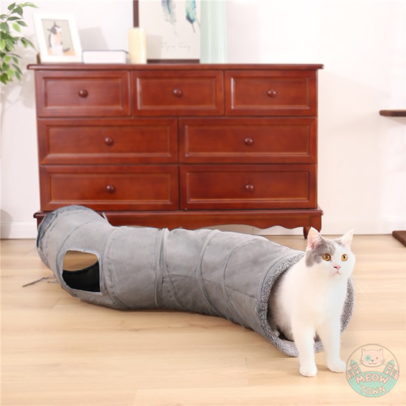 Cat tunnel for indoor adult cats or kittens with play ball collapsible grey twisted two ways