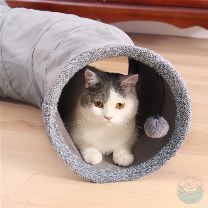 Cat tunnel for indoor adult cats or kittens with play ball collapsible grey faux suede effect two ways 3 holes