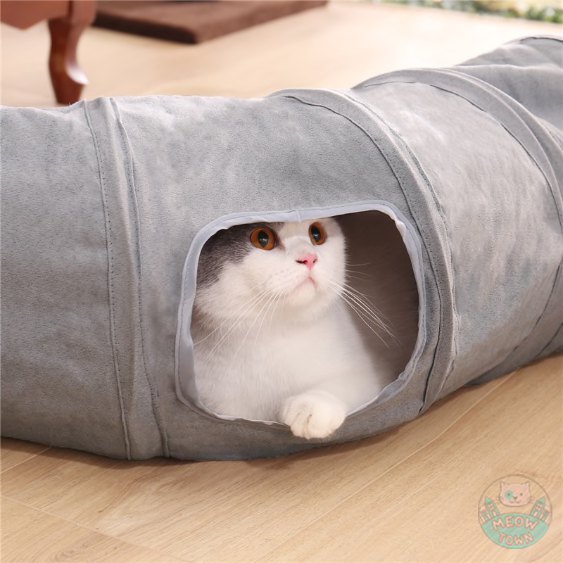 Cat tunnel for indoor adult cats or kittens with play ball collapsible grey with cat