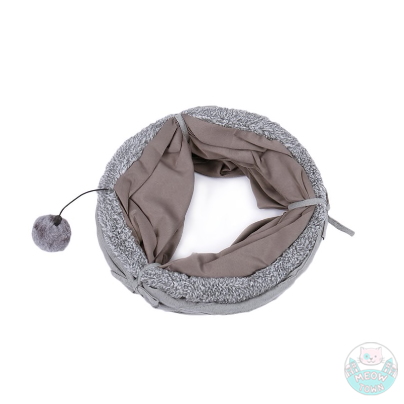 Cat tunnel for indoor adult cats or kittens with play ball collapsed grey on white background