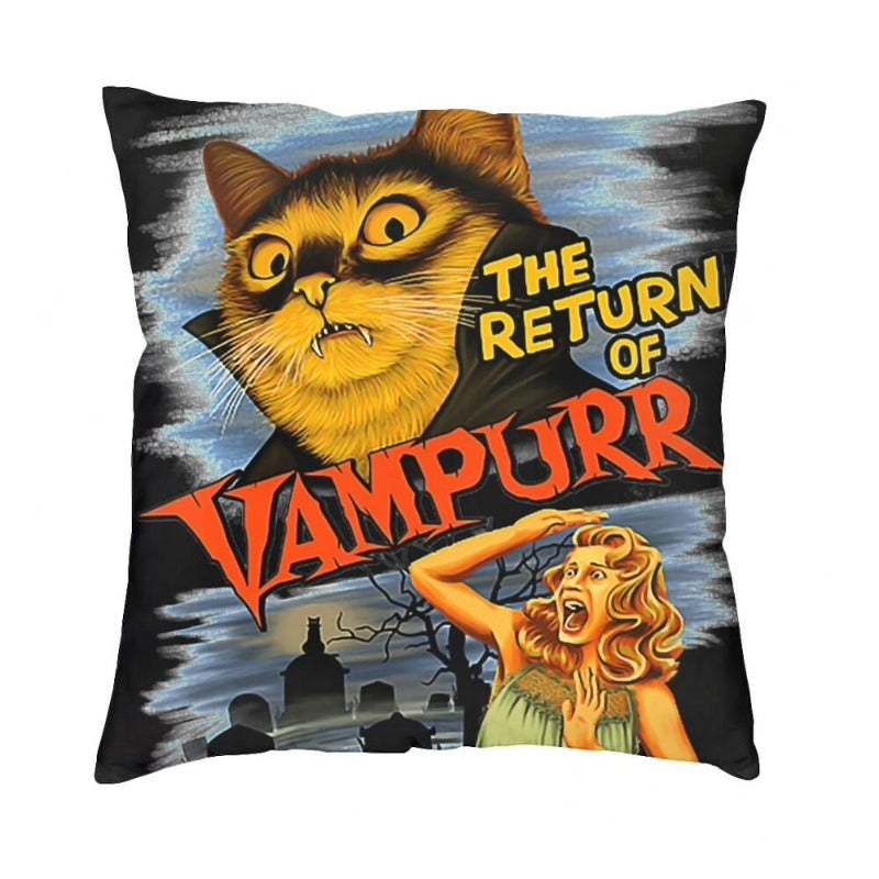 Halloween Special Collection A spooky yet adorable digital printed pillow with The Return Of Vampurr funny vampire kitty design. Printed on both sides. Soft velvet cover material, polyester filling. Zip closure.  Dimensions: 45 X 45 cm.