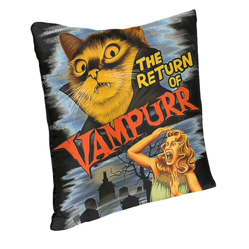 Halloween Special Collection A spooky yet adorable digital printed pillow with The Return Of Vampurr funny vampire kitty design. Printed on both sides. Soft velvet cover material, polyester filling. Zip closure.  Dimensions: 45 X 45 cm.