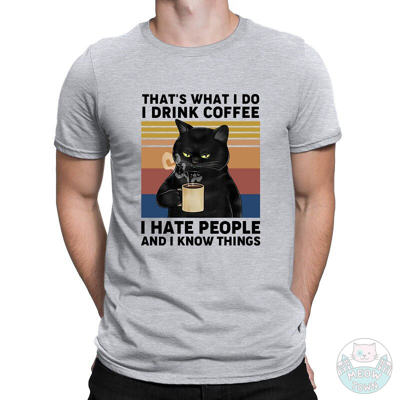 That's what I do funny cat print t-shirt cat drinking coffee gradient background grey