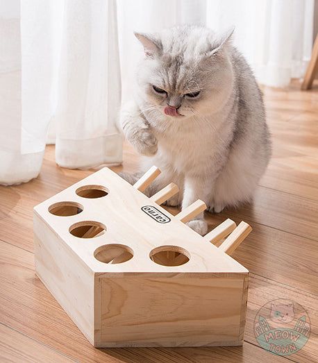 Whack-a-mole style quality wooden interactive cat and human toy great indoor fun for adult cats and kittens too. Cartoon figures 5 holes cat
